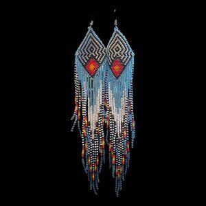 Handmade Beaded Fringe Earrings – Diamond Pattern – 8 ½” Long
